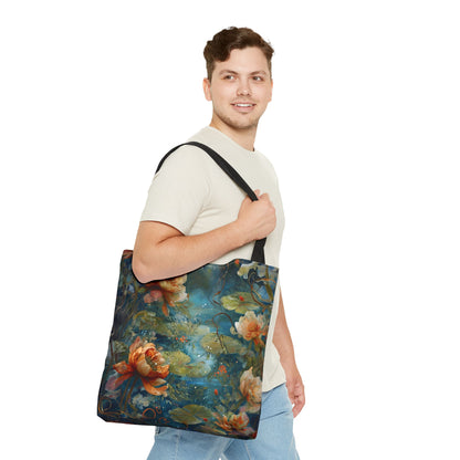 Waterlily Nocturne Canvas Tote Bag (16x16 & 18x18)- Premium Navy Handle Designer Tote, Artistic Eco-Friendly Shopping Bag
