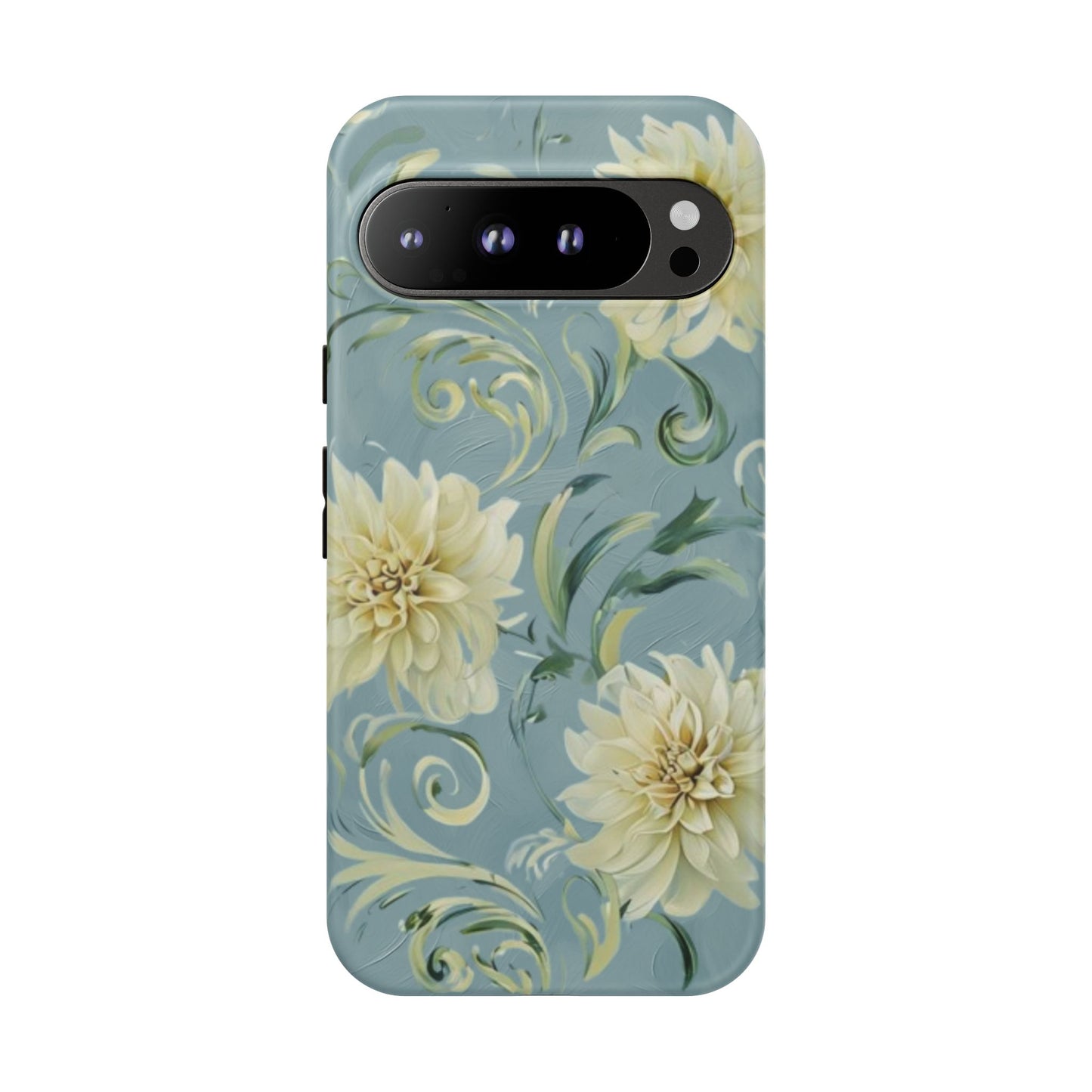Golden Dahlia Trio - Elegant Floral Google Pixel Tough Phone Case - Artistic White & Blue Dahlia Design
