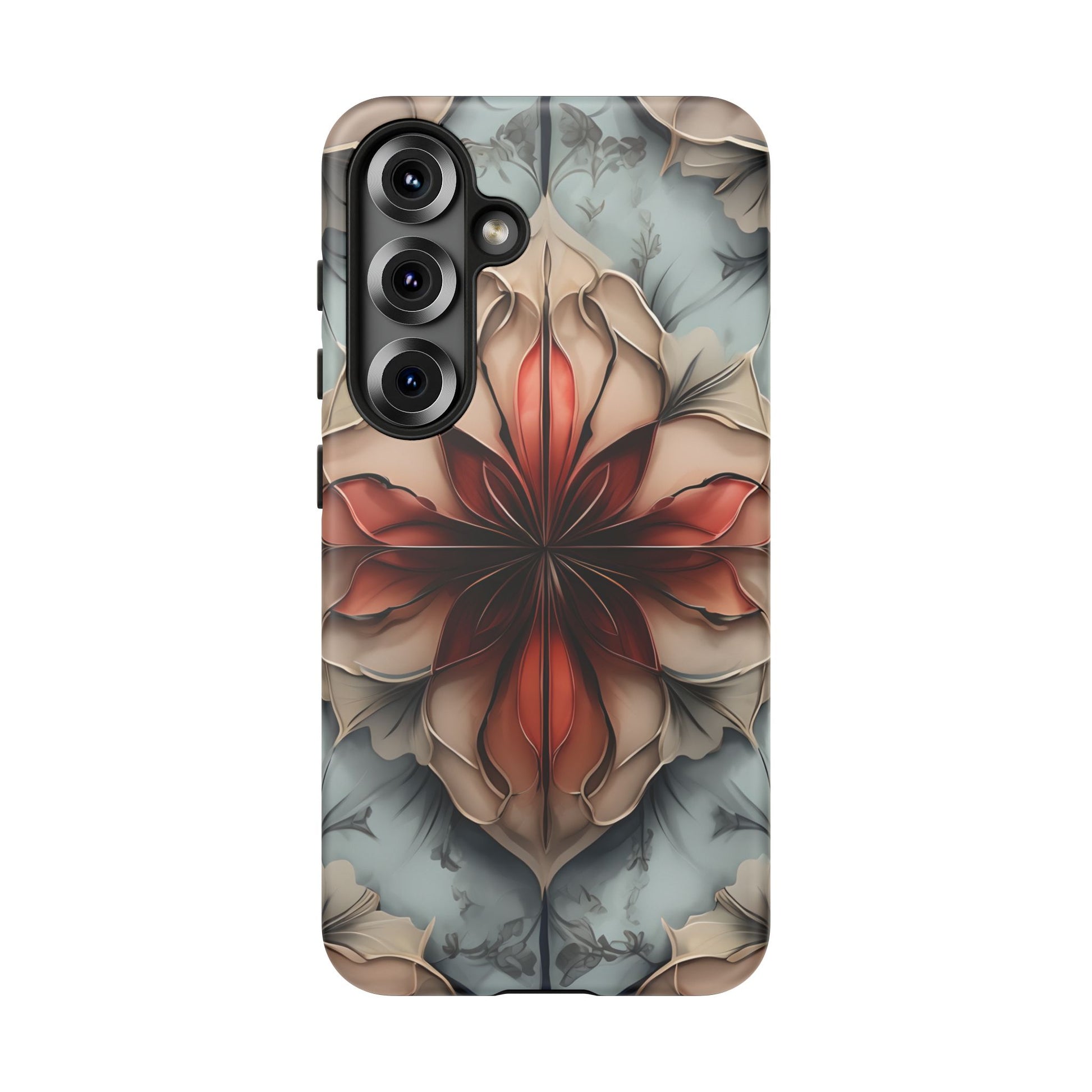 Ember Bloom - Kaleidoscope Collection Artistic Floral - Samsung Galaxy S25 Tough Phone Case - Fiery Symmetrical Design