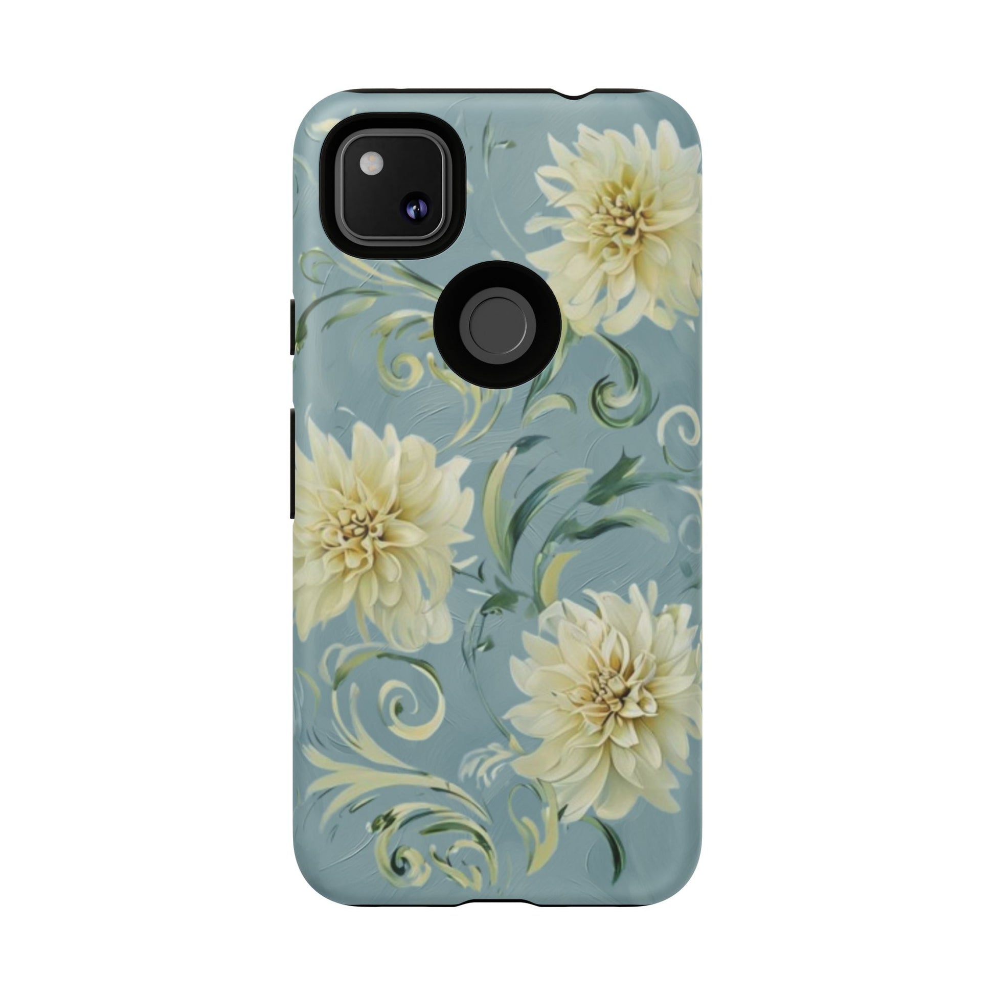 Golden Dahlia Trio - Elegant Floral Google Pixel 4a Tough Phone Case - Artistic White & Blue Dahlia Design