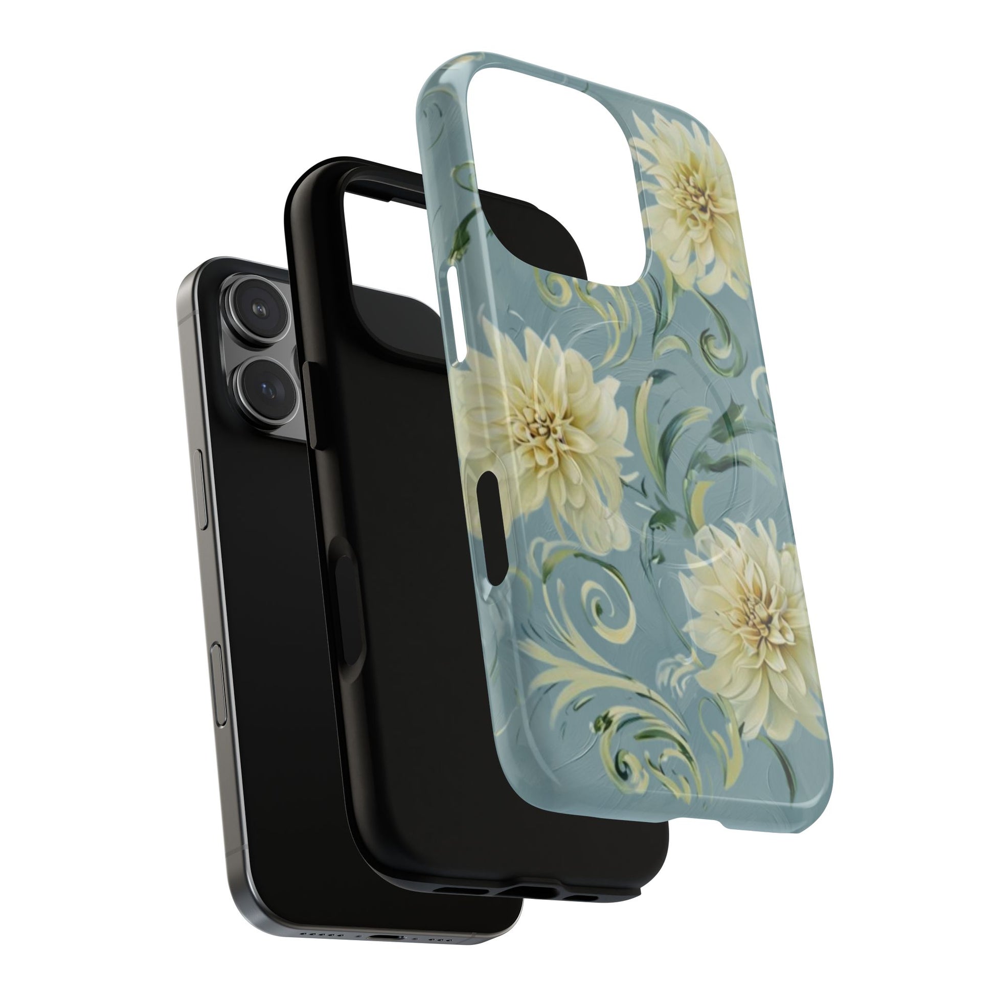 Golden Dahlia Trio - Elegant Floral iPhone 16 Pro MagSafe Phone Case - Artistic White & Blue Dahlia Design