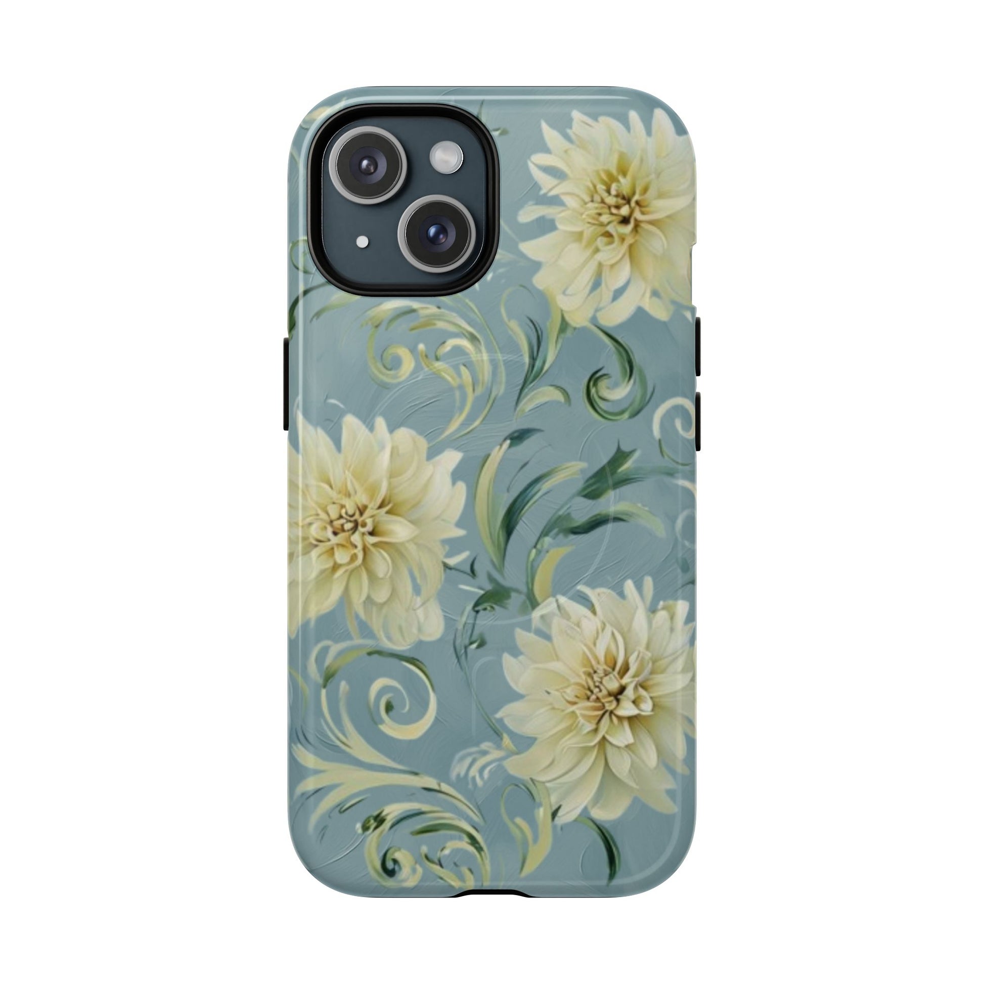 Golden Dahlia Trio - Elegant Floral iPhone 15 MagSafe Phone Case - Artistic White & Blue Dahlia Design