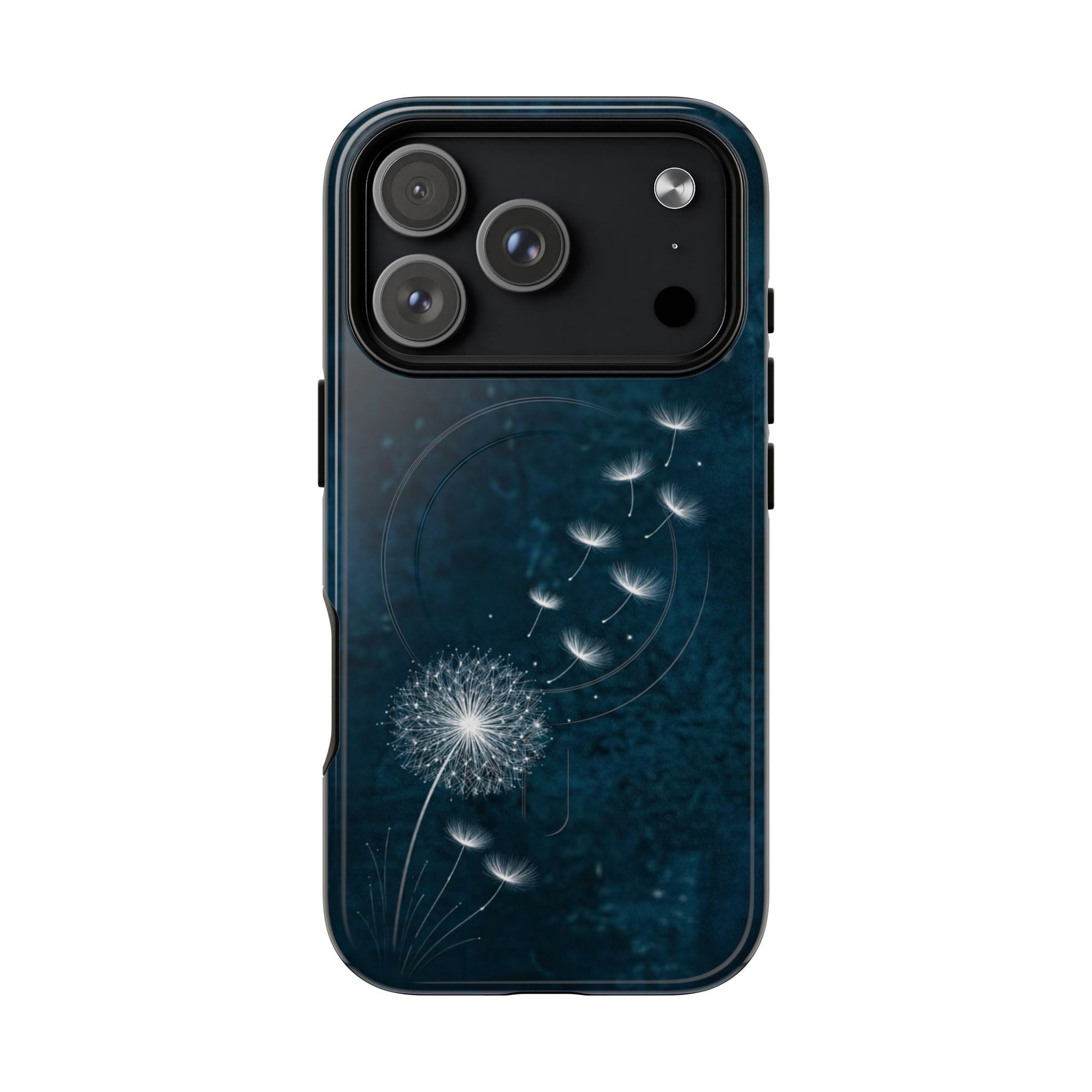Dark blue iPhone case large camera cutout with white dandelion and drifting seeds, minimalist aesthetic design