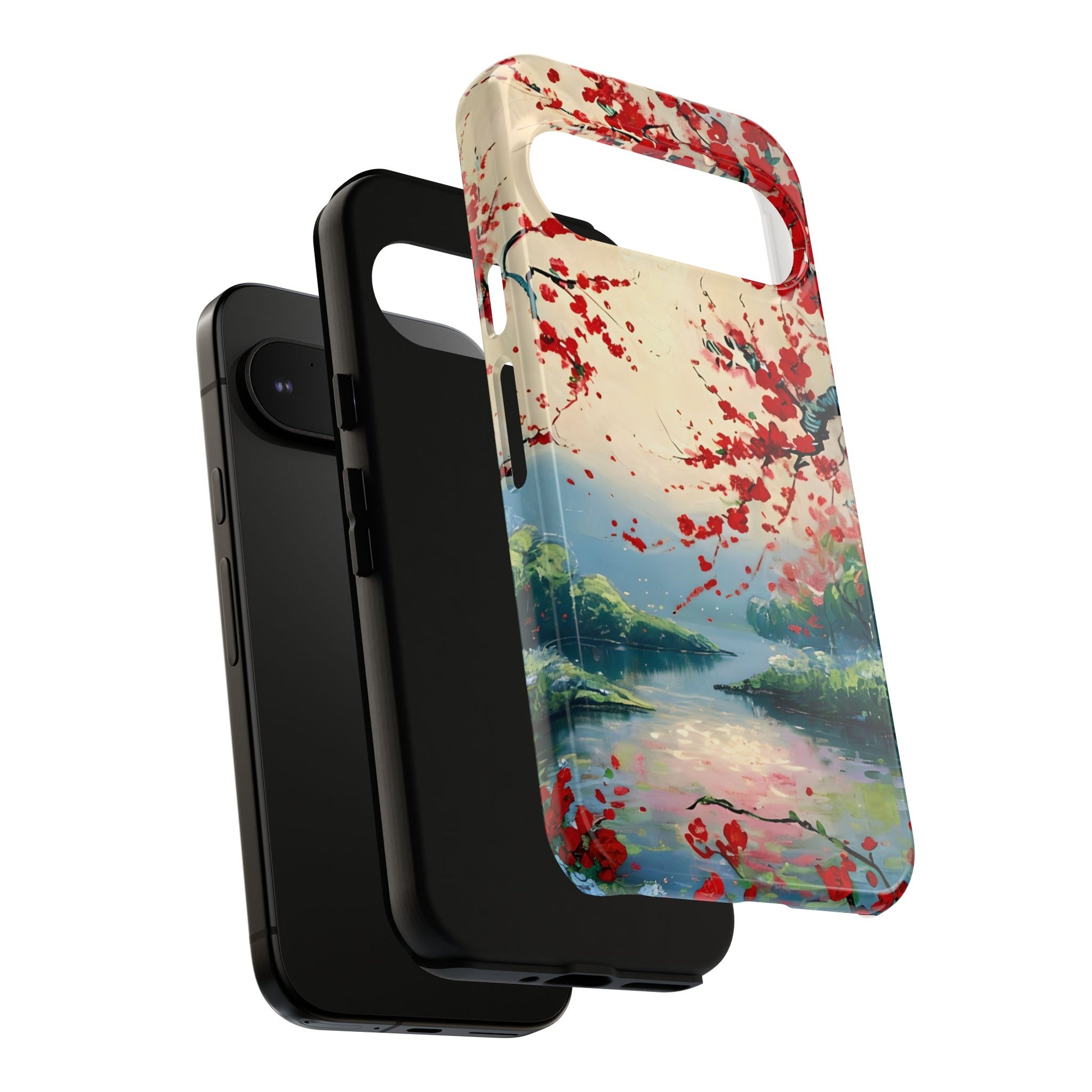 Crimson Blossom Lake - Artistic Floral Landscape Google Pixel 9 Pro Tough Phone Case - Red Cherry Blossoms & Serene Lake Design