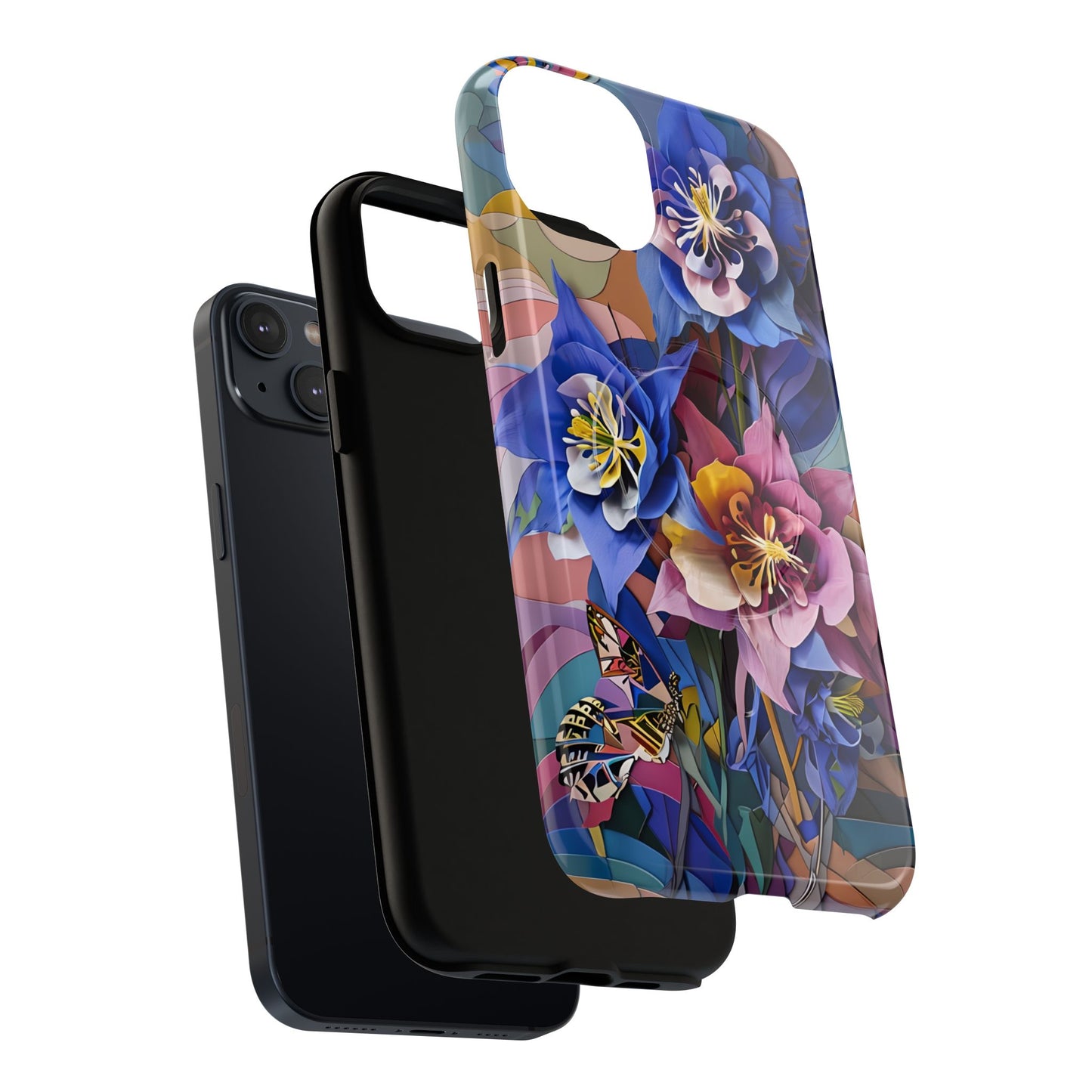 Blue Columbine Carnivale - Artistic Floral & Butterfly iPhone MagSafe Phone Case - Vibrant Botanical Design