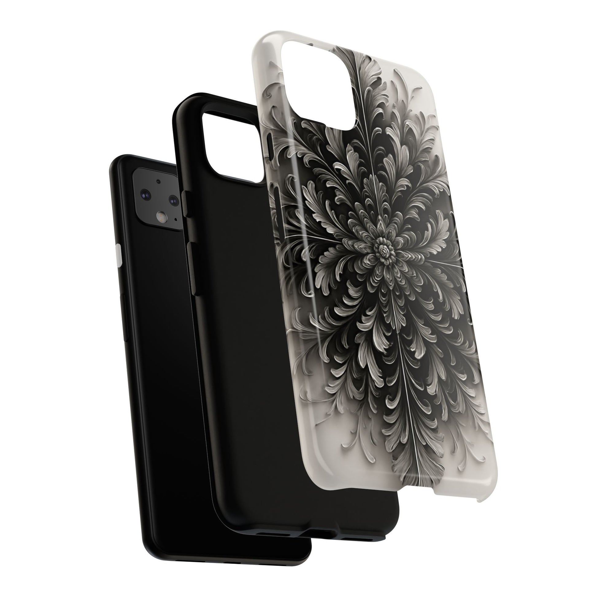 Obsidian Bloom - Elegant Black & White Google Pixel 4XL Tough Phone Case - Intricate Mandala Flower Design