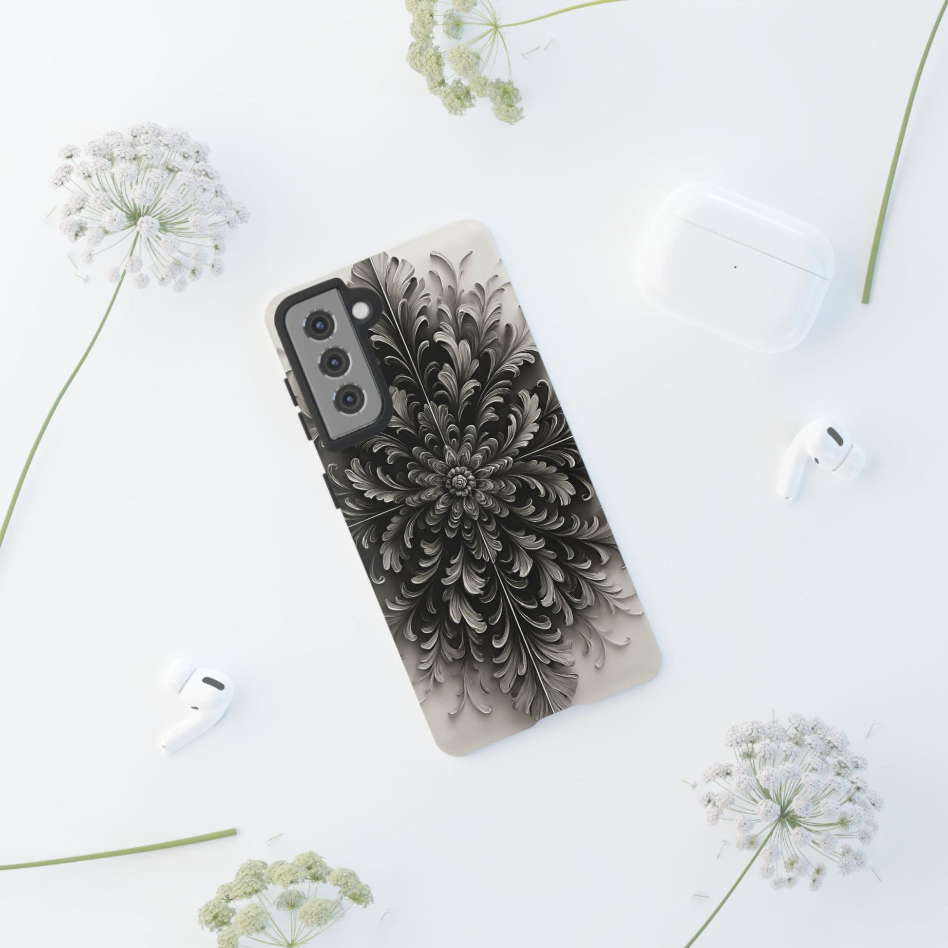 Obsidian Bloom - Elegant Black & White Samsung Galaxy S21 Tough Phone Case - Intricate Mandala Flower Design