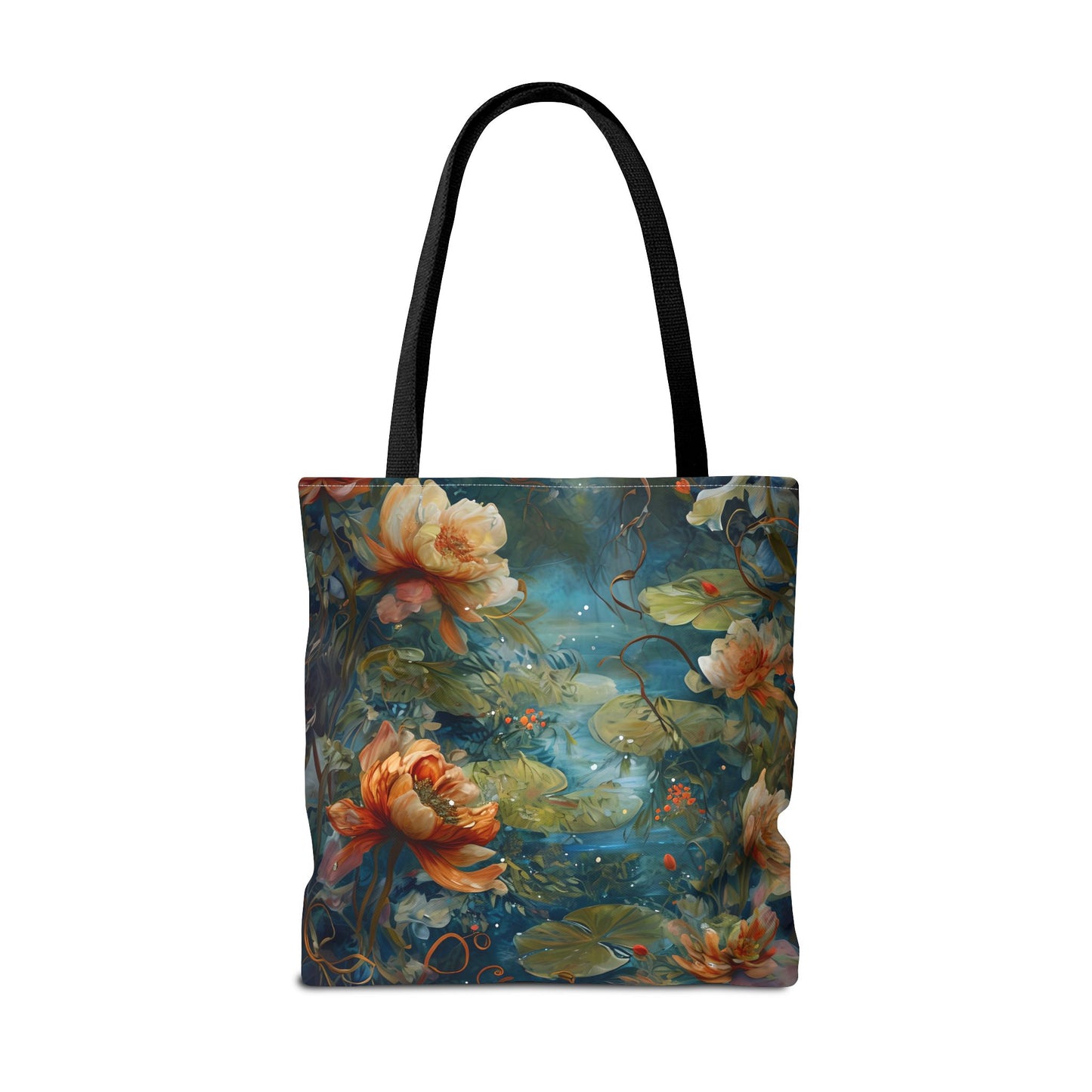 Waterlily Nocturne Canvas Tote Bag (16x16 & 18x18)- Premium Navy Handle Designer Tote, Artistic Eco-Friendly Shopping Bag