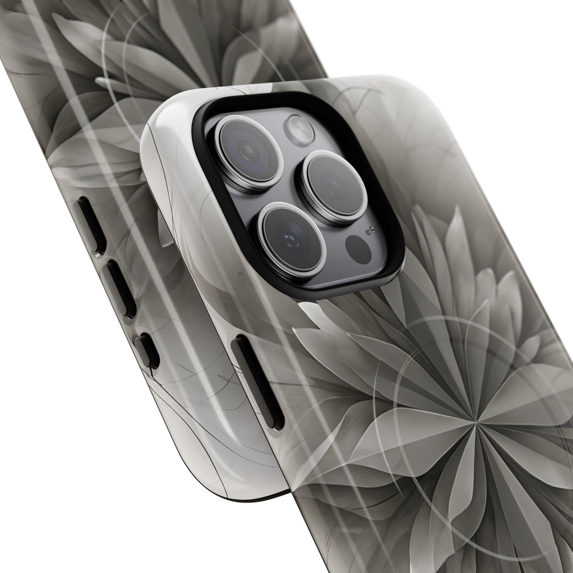 Silver Lotus - Elegant Monochrome Floral iPhone 15 Pro Max MagSafe Phone Case - Modern Lotus Design