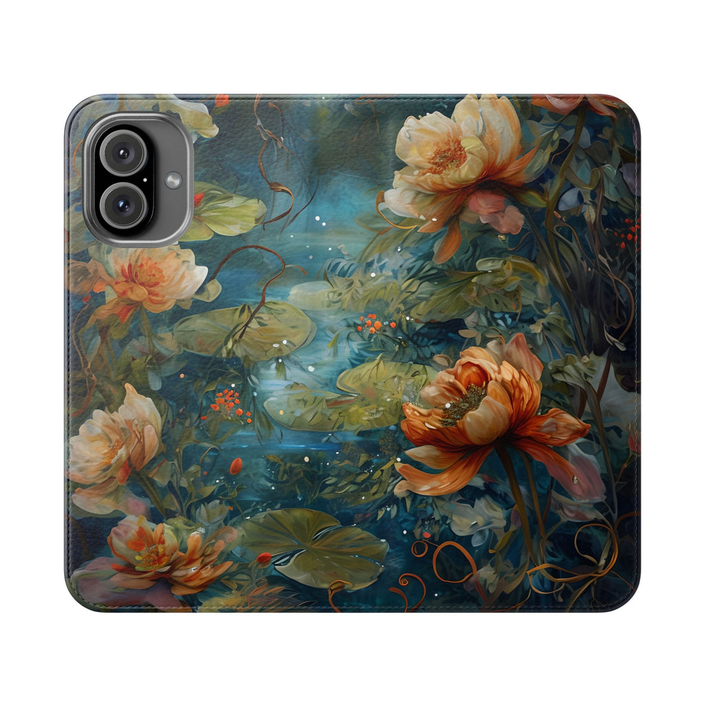 Waterlily Nocturne iPhone 16 Plus Wallet Case - Elegant Floral Flip Cover, Vintage Botanical Phone Folio