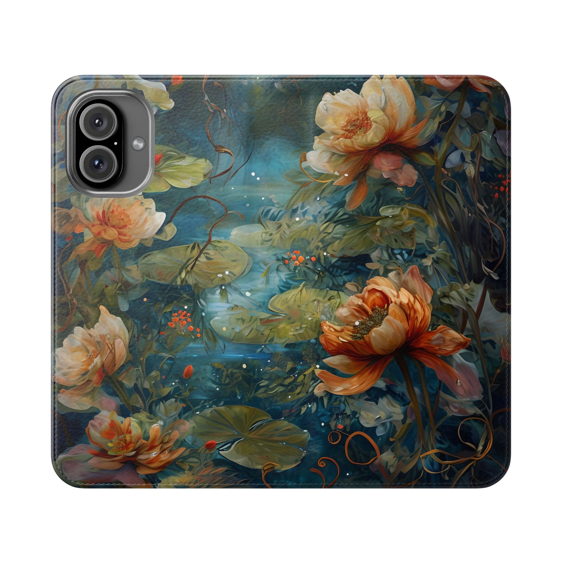 Waterlily Nocturne iPhone 16 Plus Wallet Case - Elegant Floral Flip Cover, Vintage Botanical Phone Folio
