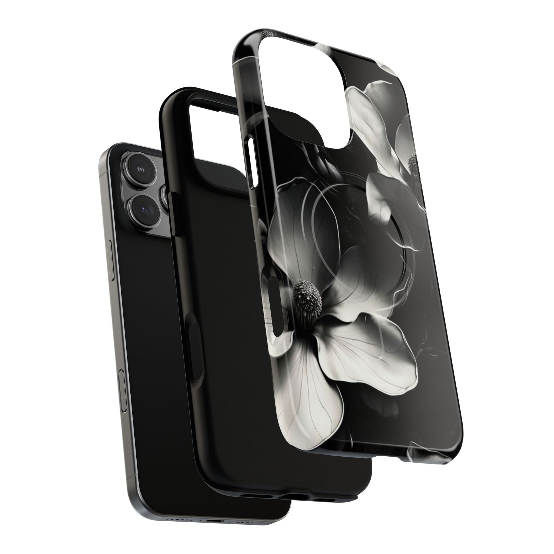 Monochrome Magnolia - Elegant Black & White Floral iPhone 16 Pro Max MagSafe Phone Case - Artistic Magnolia Design