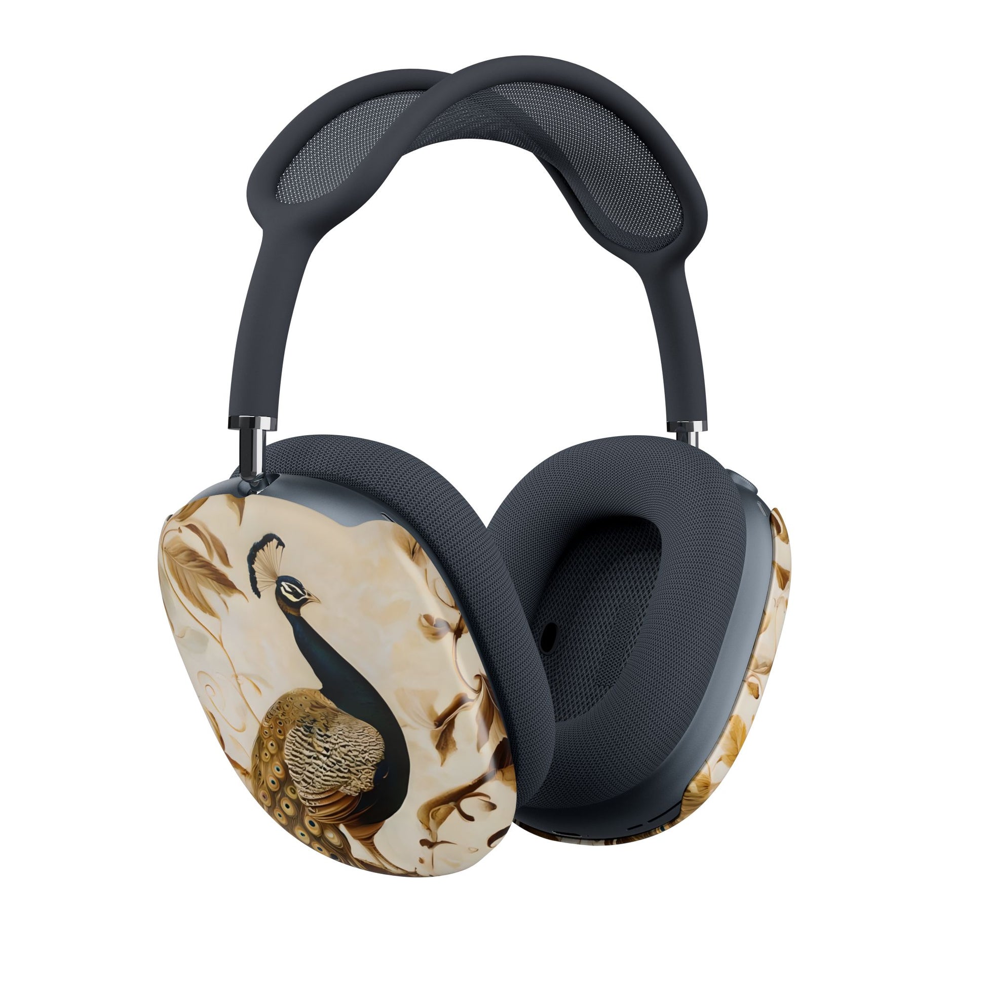 Golden Plumage AirPods Max cover set on Apple headphones, luxurious cream and gold peacock design for Apple AirPods Max, angled side view