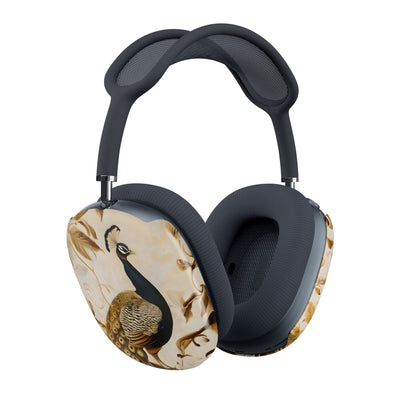 Golden Plumage AirPods Max cover set on Apple headphones, luxurious cream and gold peacock design for Apple AirPods Max, angled side view