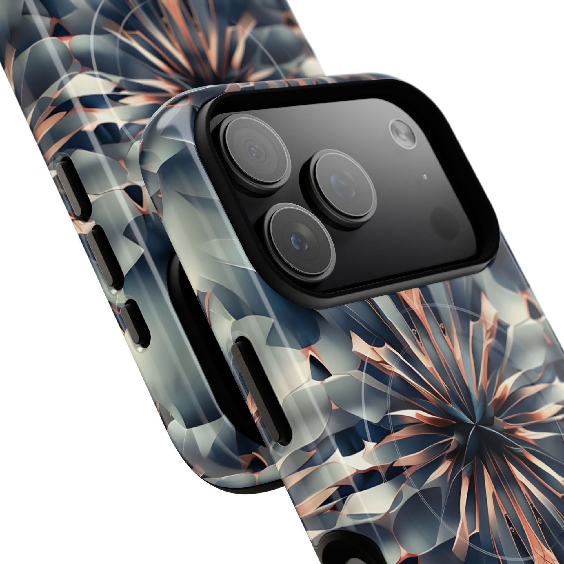 Angled view of Obsidian Kaleidoscope iPhone MagSafe protective phone case with large camera cutout