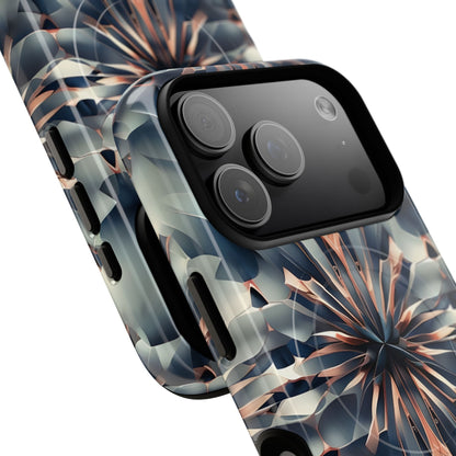 Angled view of Obsidian Kaleidoscope iPhone MagSafe protective phone case with large camera cutout