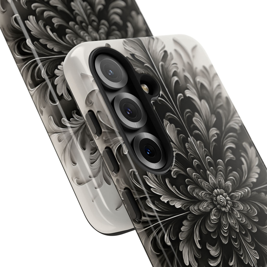 Obsidian Bloom - Elegant Black & White Samsung Galaxy S25 Tough Phone Case - Intricate Mandala Flower Design