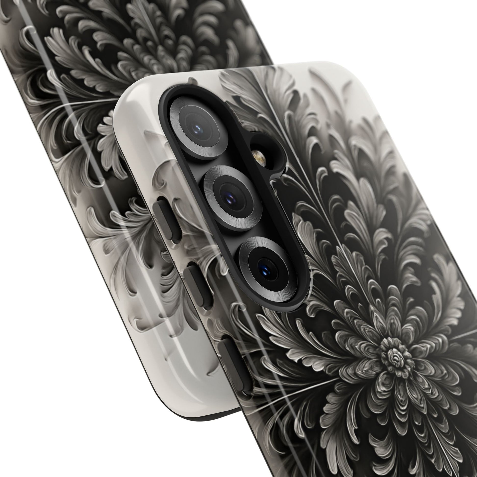 Obsidian Bloom - Elegant Black & White Samsung Galaxy S25 Tough Phone Case - Intricate Mandala Flower Design