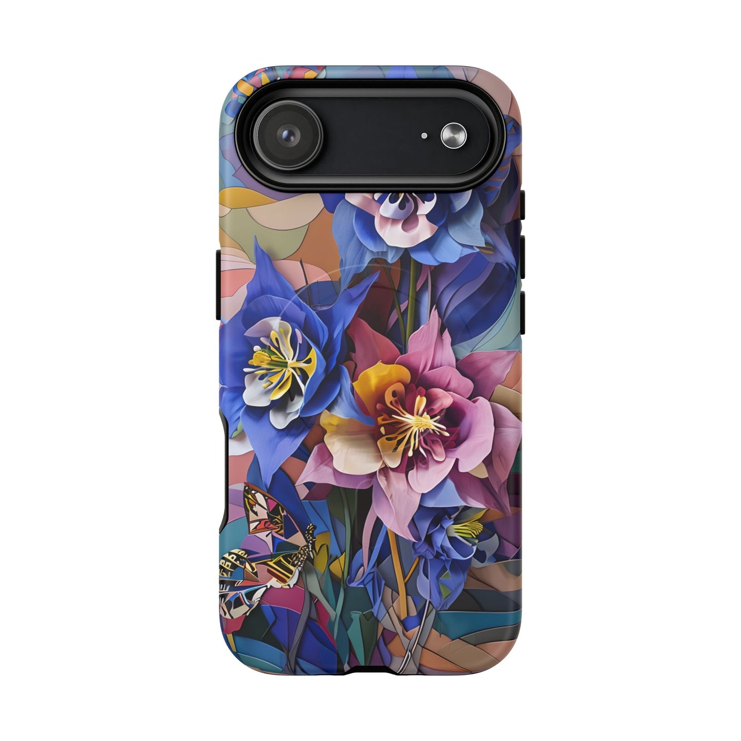 Blue Columbine Carnivale - Artistic Floral & Butterfly iPhone MagSafe Phone Case - Vibrant Botanical Design