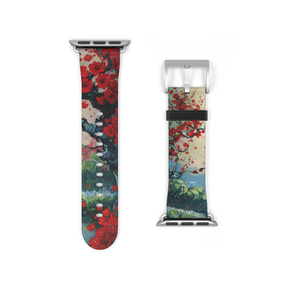 Crimson Blossom Lake Apple Watch band strap with silver clasp showing red blossom floral artwork with lake landscape background