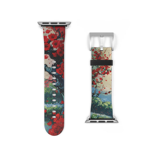 Crimson Blossom Lake Apple Watch band strap with silver clasp showing red blossom floral artwork with lake landscape background