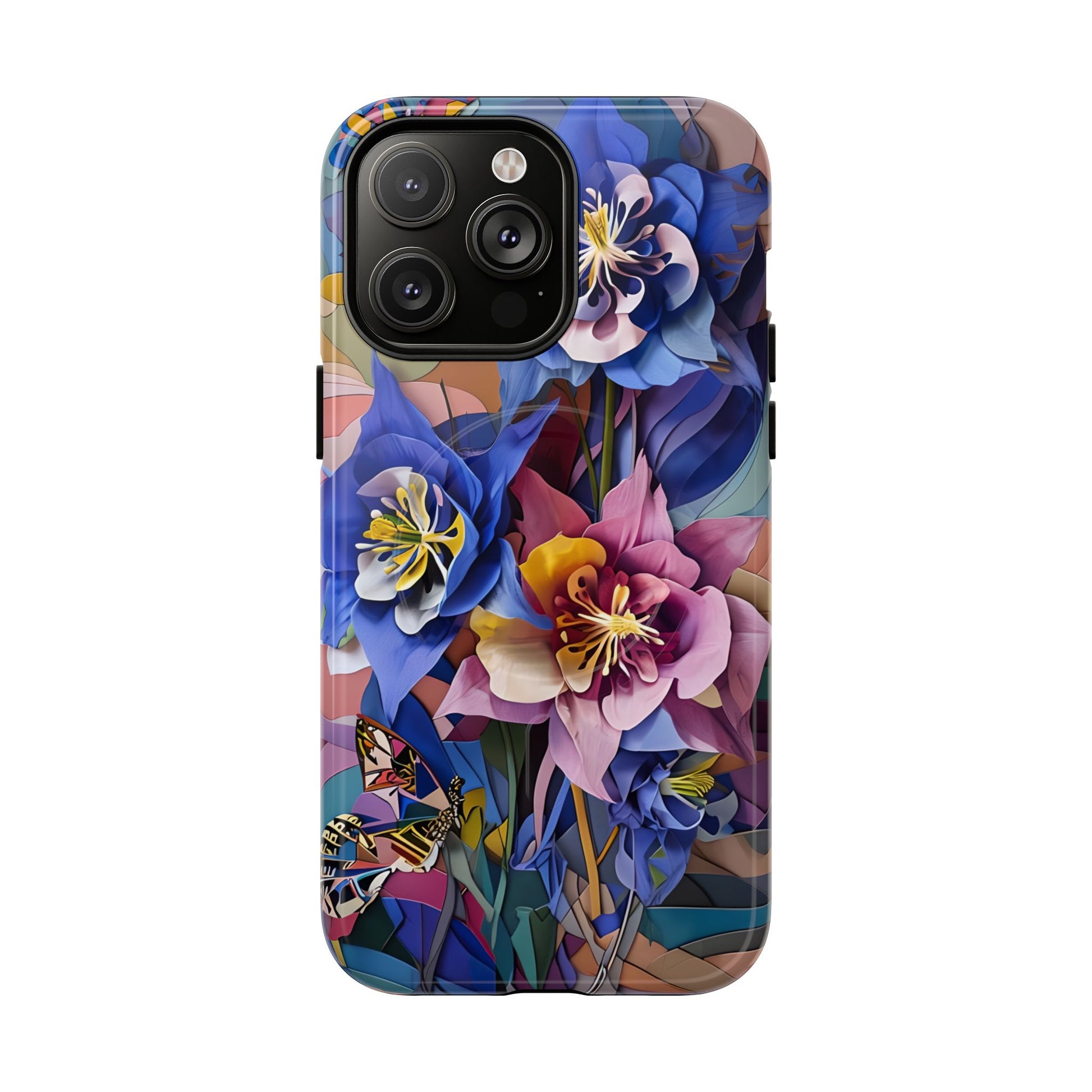Blue Columbine Carnivale - Artistic Floral & Butterfly iPhone 14 Pro Max MagSafe Phone Case - Vibrant Botanical Design