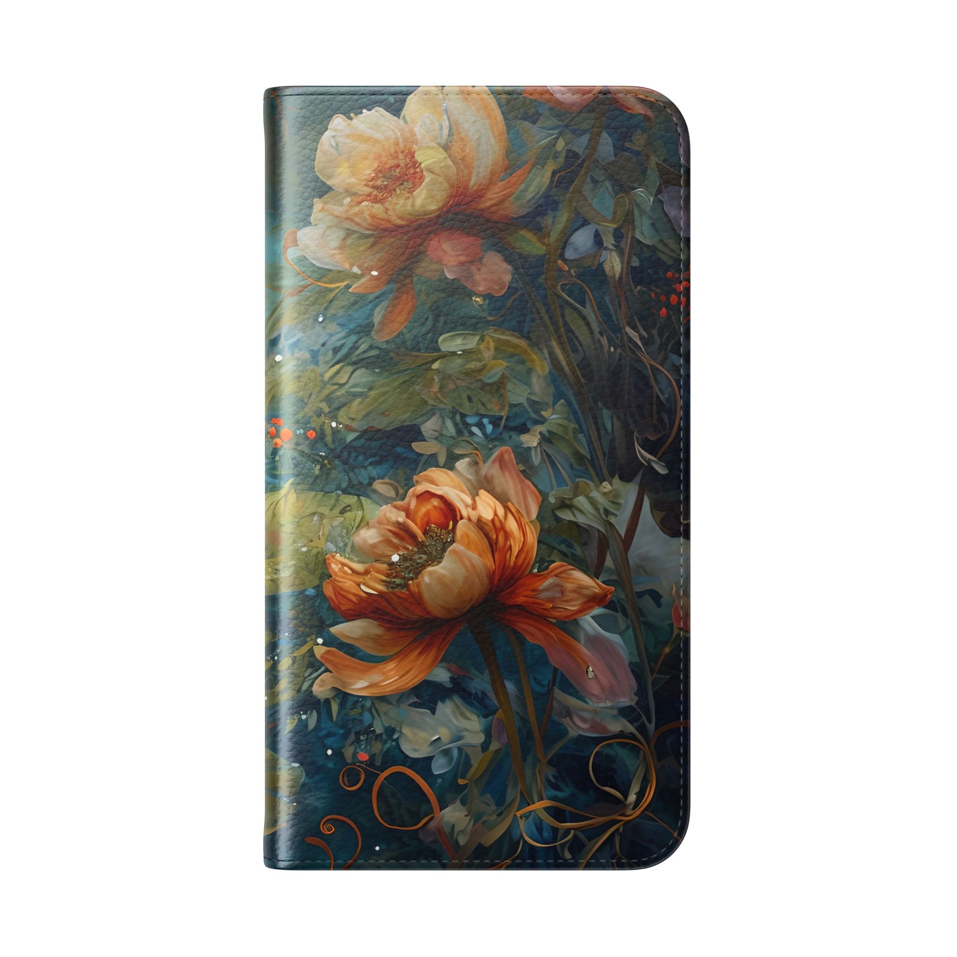 Waterlily Nocturne iPhone 14 Pro Wallet Case - Elegant Floral Flip Cover, Vintage Botanical Phone Folio