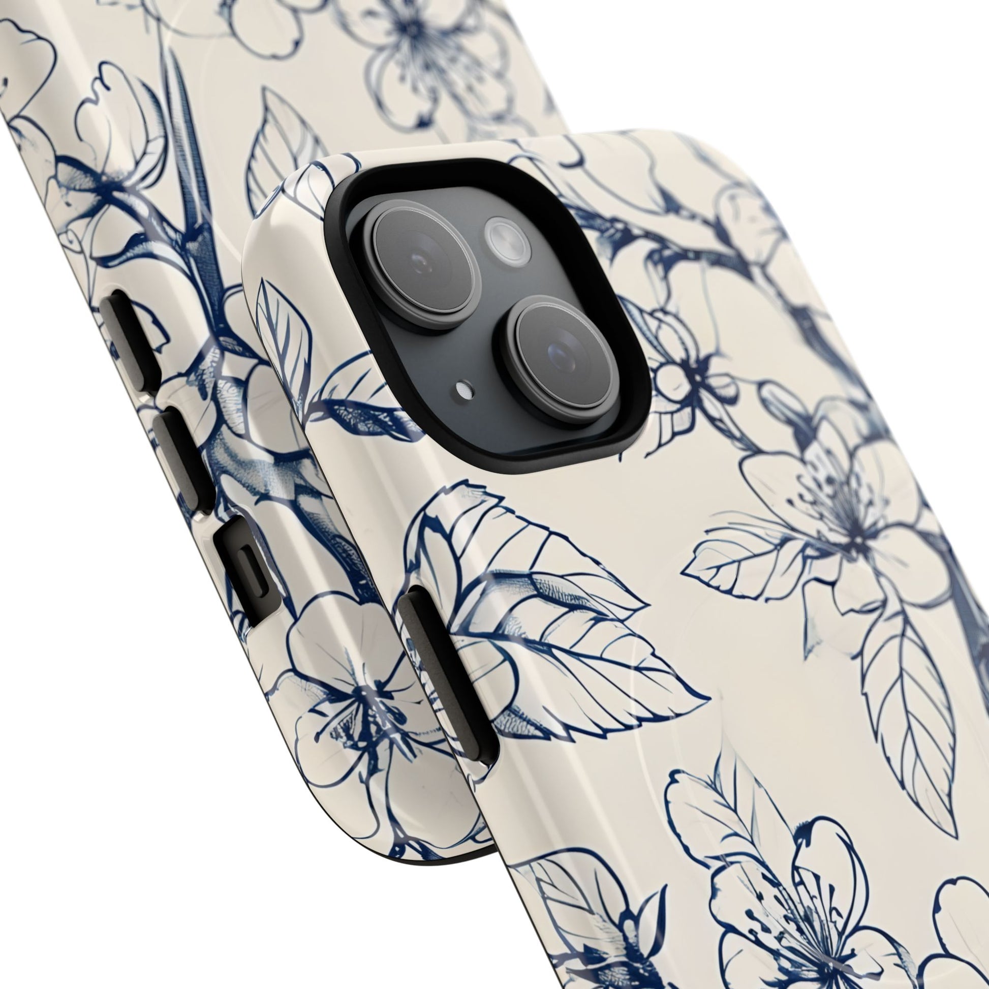 Blossom Sketch - Artistic Blue Floral - iPhone 15 MagSafe Phone Case - Hand-Drawn Botanical Design