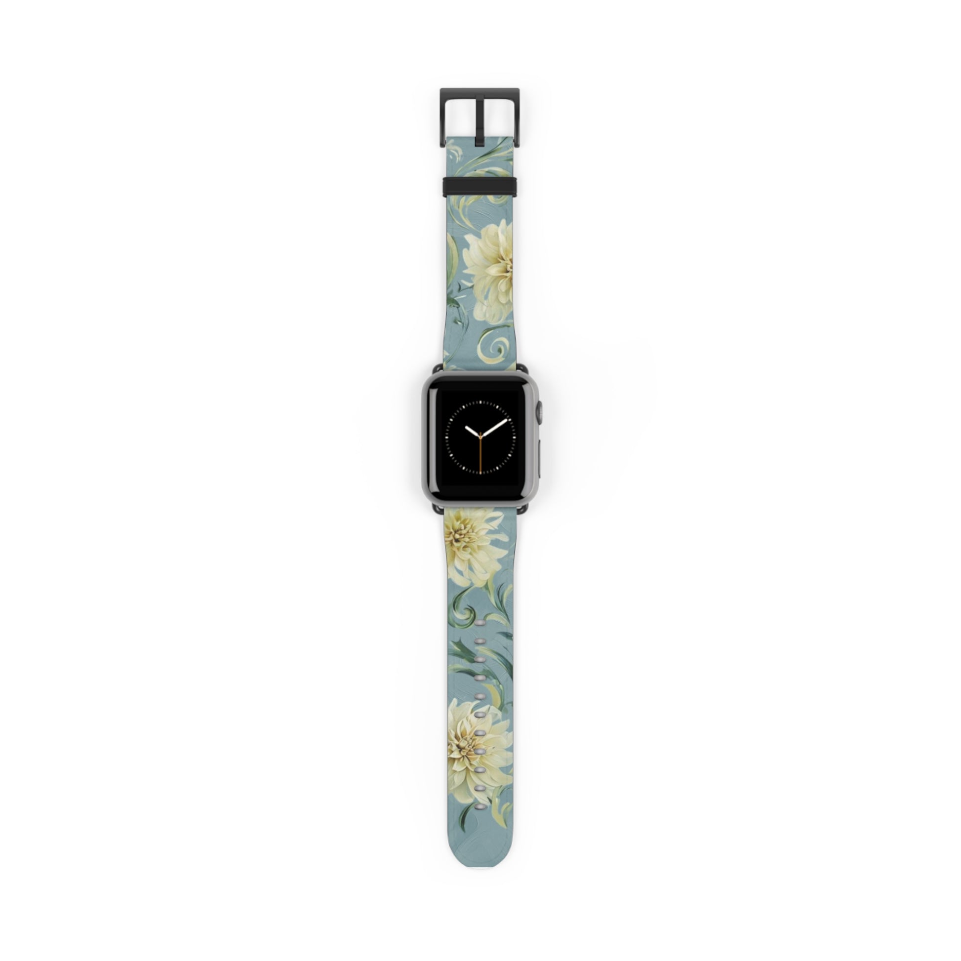 Golden Dahlia Trio Apple Watch band with watch face featuring golden dahlia flowers on a soft blue background