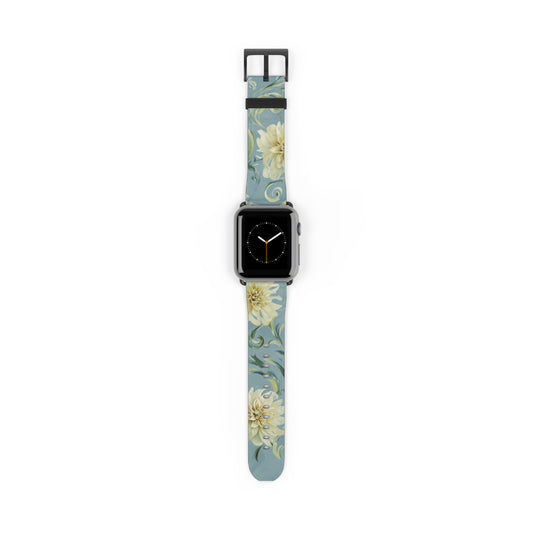 Golden Dahlia Trio Apple Watch band with watch face featuring golden dahlia flowers on a soft blue background