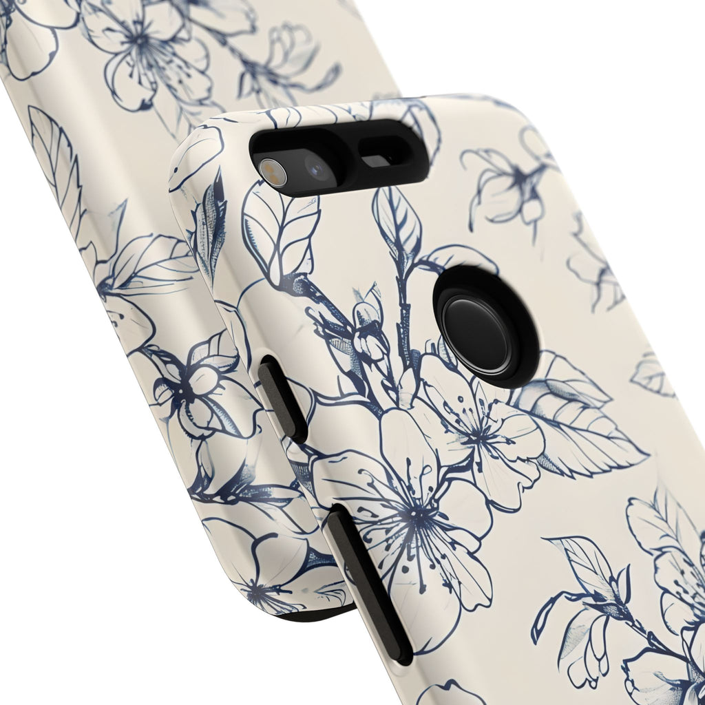 Blossom Sketch - Artistic Blue Floral Google Pixel - Tough Phone Case - Hand-Drawn Botanical Design