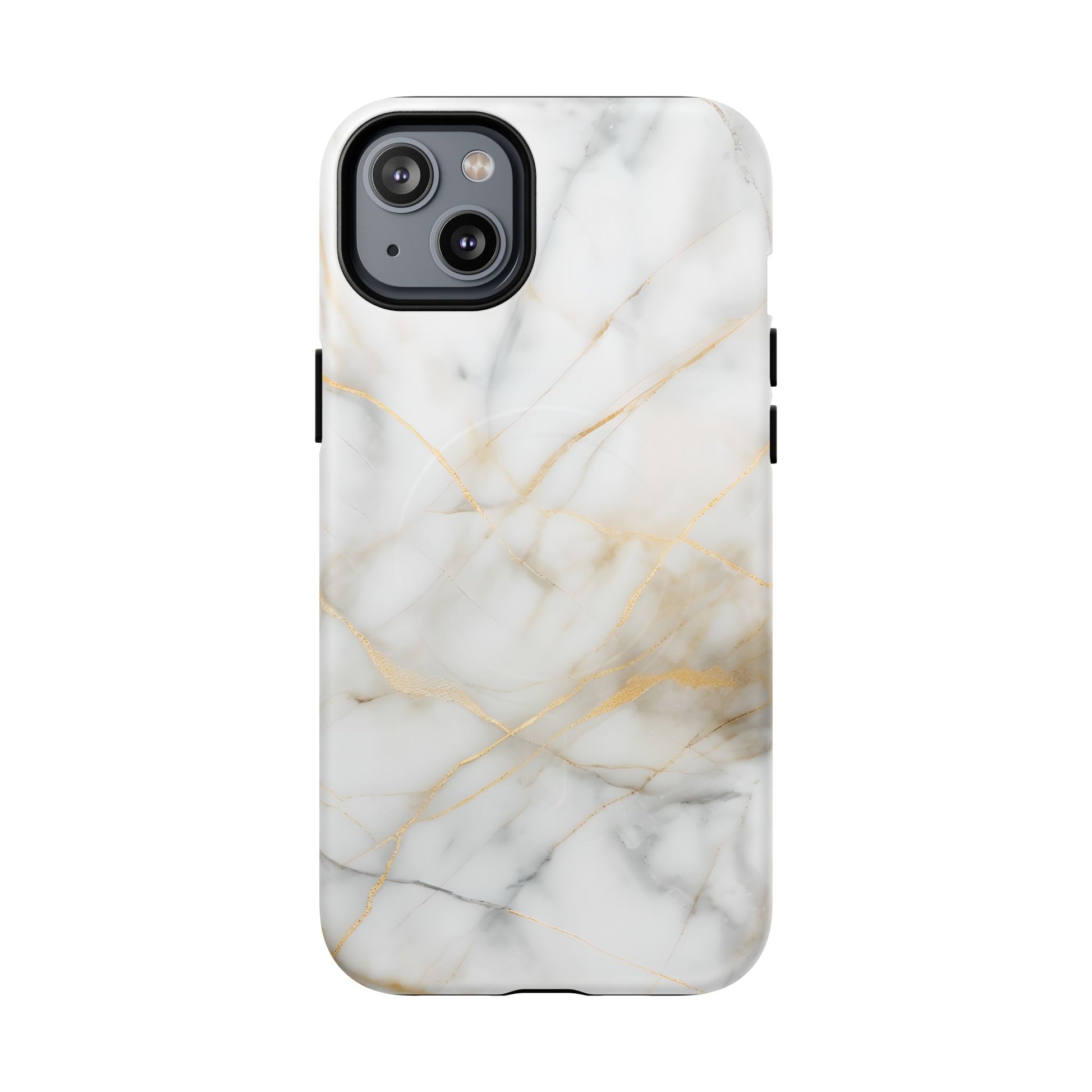 Golden Vein iPhone 14 Plus MagSafe Phone Case -White Neutral Marble Design