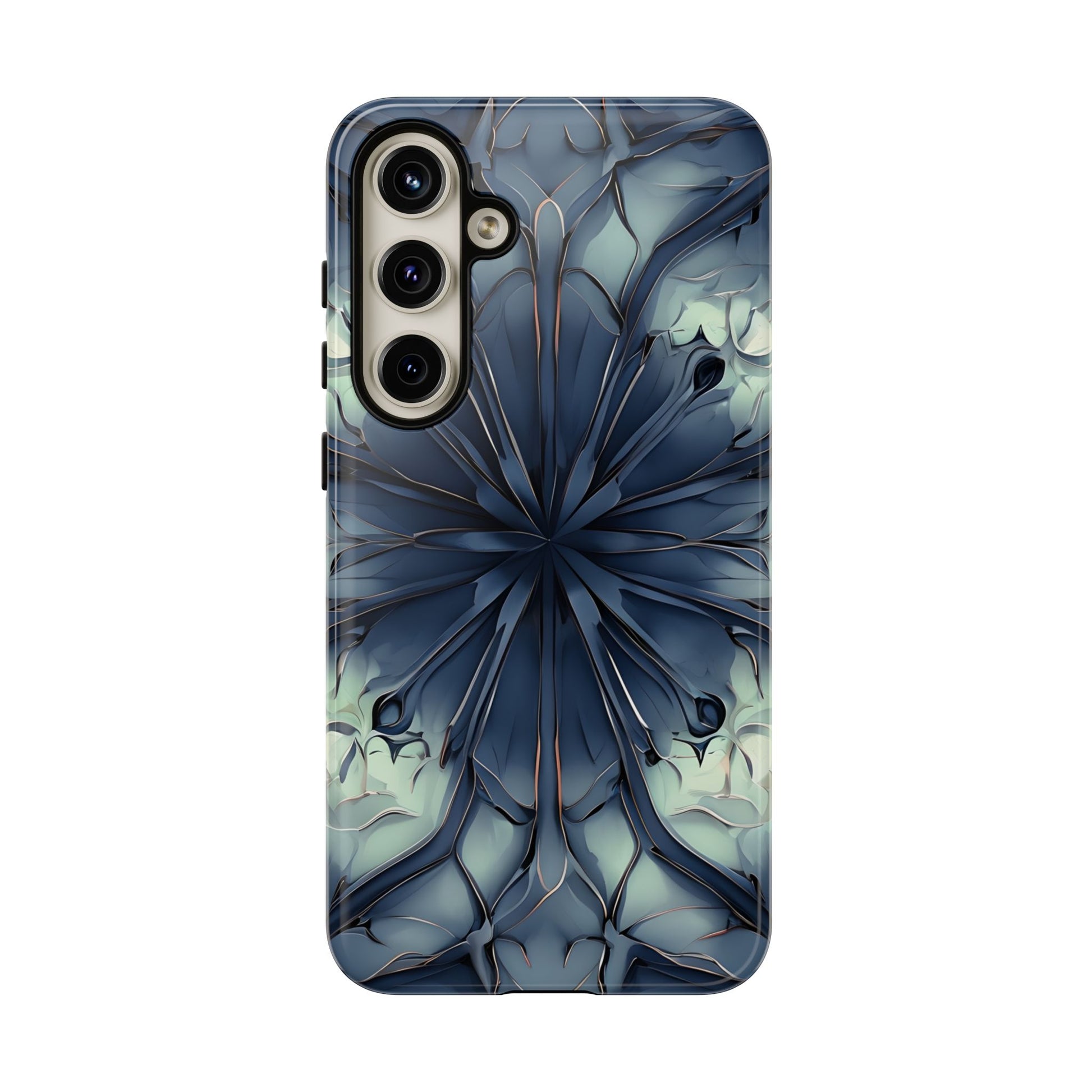 Indigo Mosaic - Artistic Kaleidoscope Collection Artistic Floral - Samsung Galaxy S24 Plus Tough Phone Case - Bold Blue Symmetrical Design
