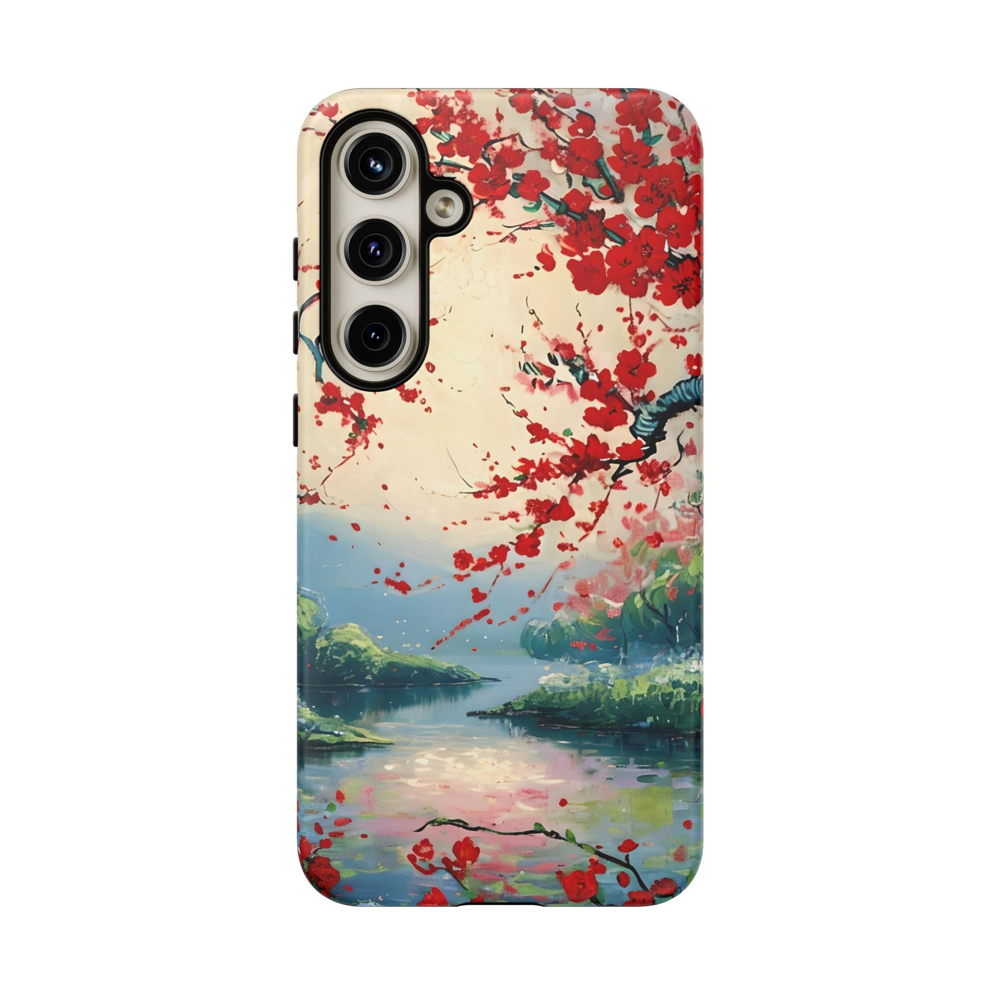 Crimson Blossom Lake - Artistic Floral Landscape Samsung Galaxy S24 Plus Tough Phone Case - Red Cherry Blossoms & Serene Lake Design