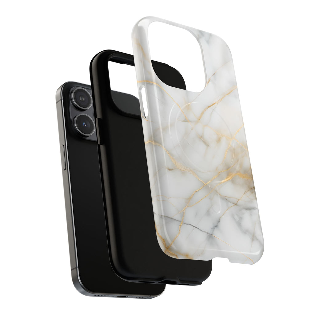 Golden Vein iPhone 15 Pro MagSafe Phone Case -White Neutral Marble Design