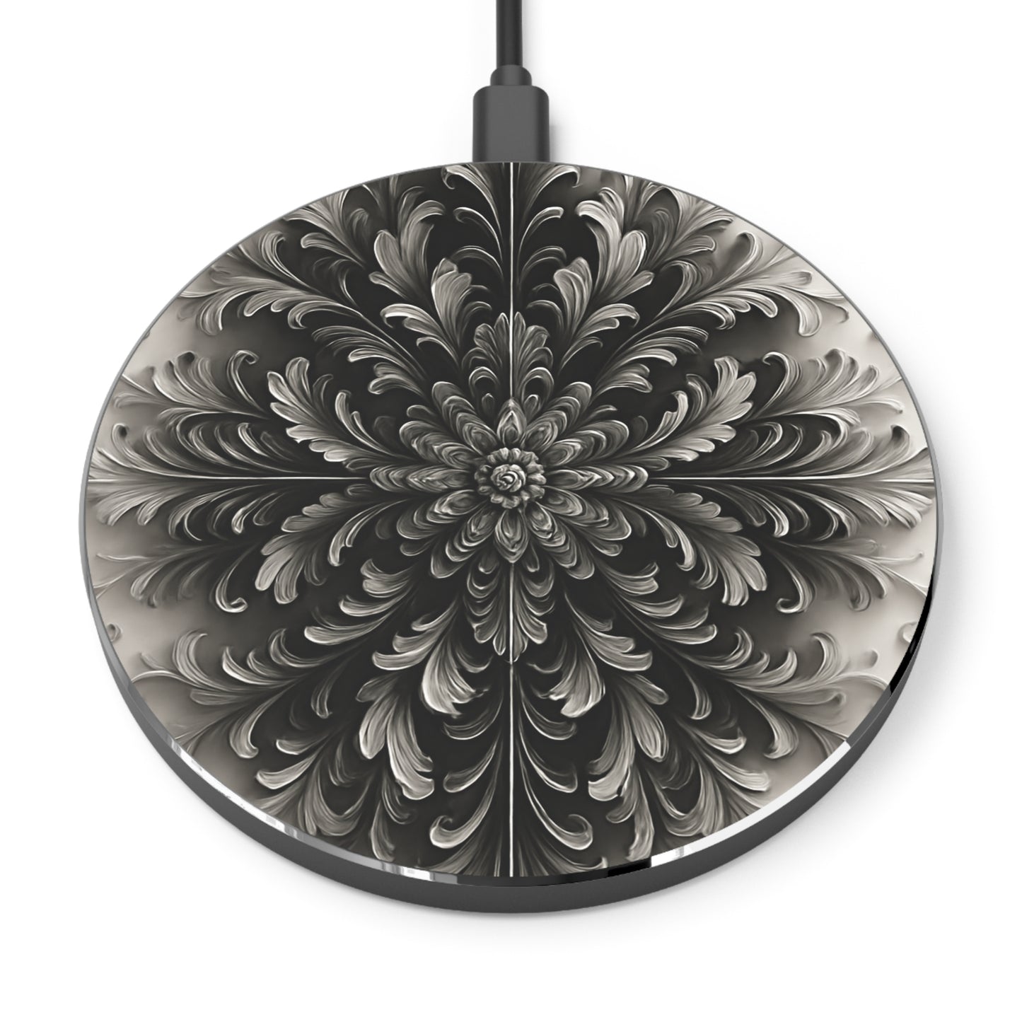 Obsidian Bloom black floral mandala art Qi wireless charger with intricate symmetrical flower design