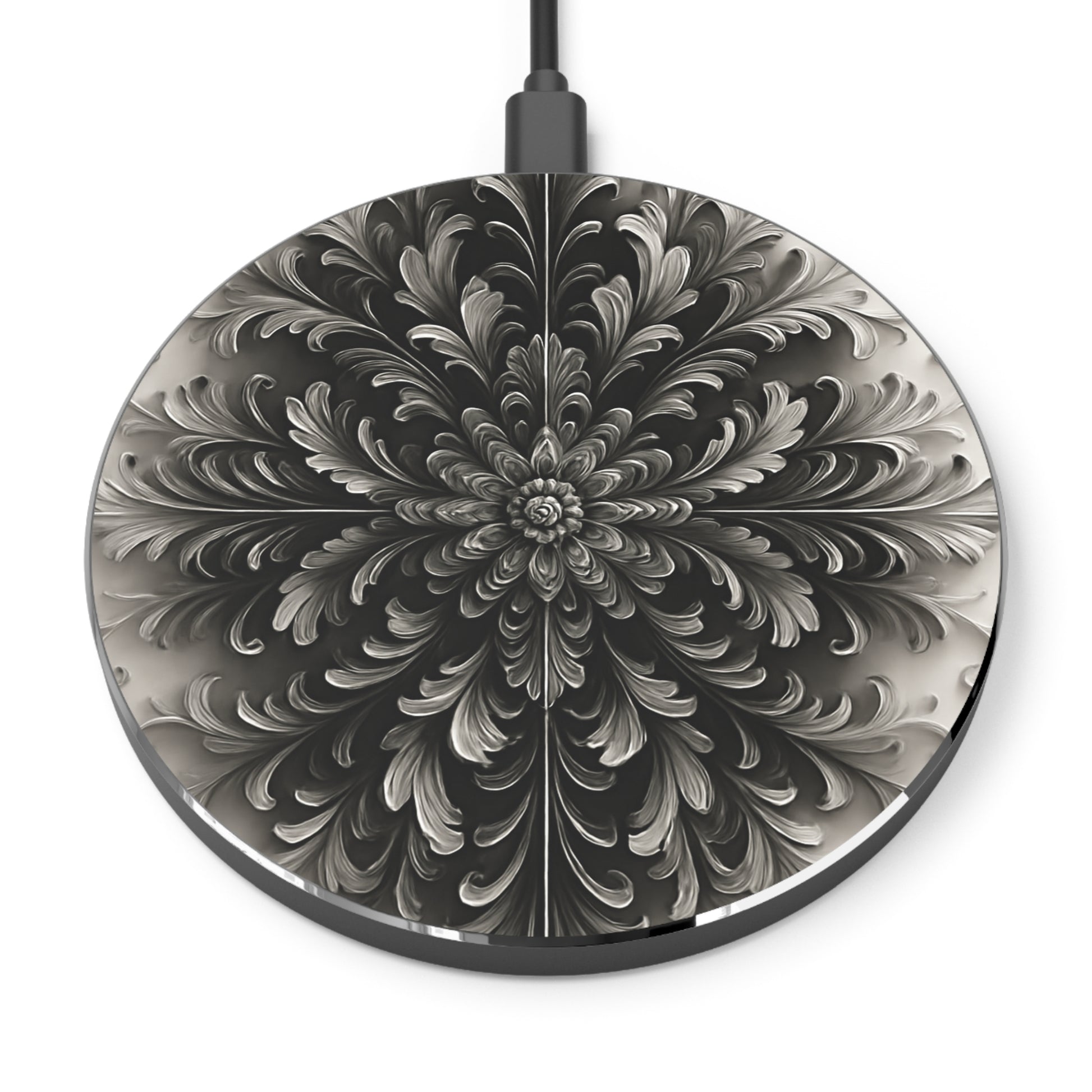 Obsidian Bloom black floral mandala art Qi wireless charger with intricate symmetrical flower design