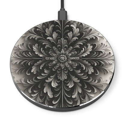 Obsidian Bloom black floral mandala art Qi wireless charger with intricate symmetrical flower design
