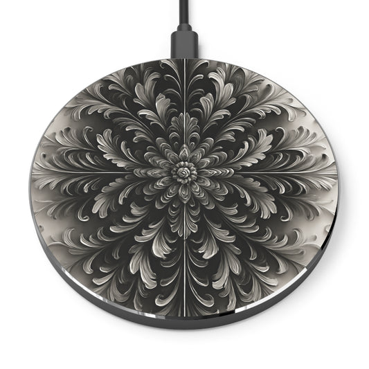 Obsidian Bloom black floral mandala art Qi wireless charger with intricate symmetrical flower design