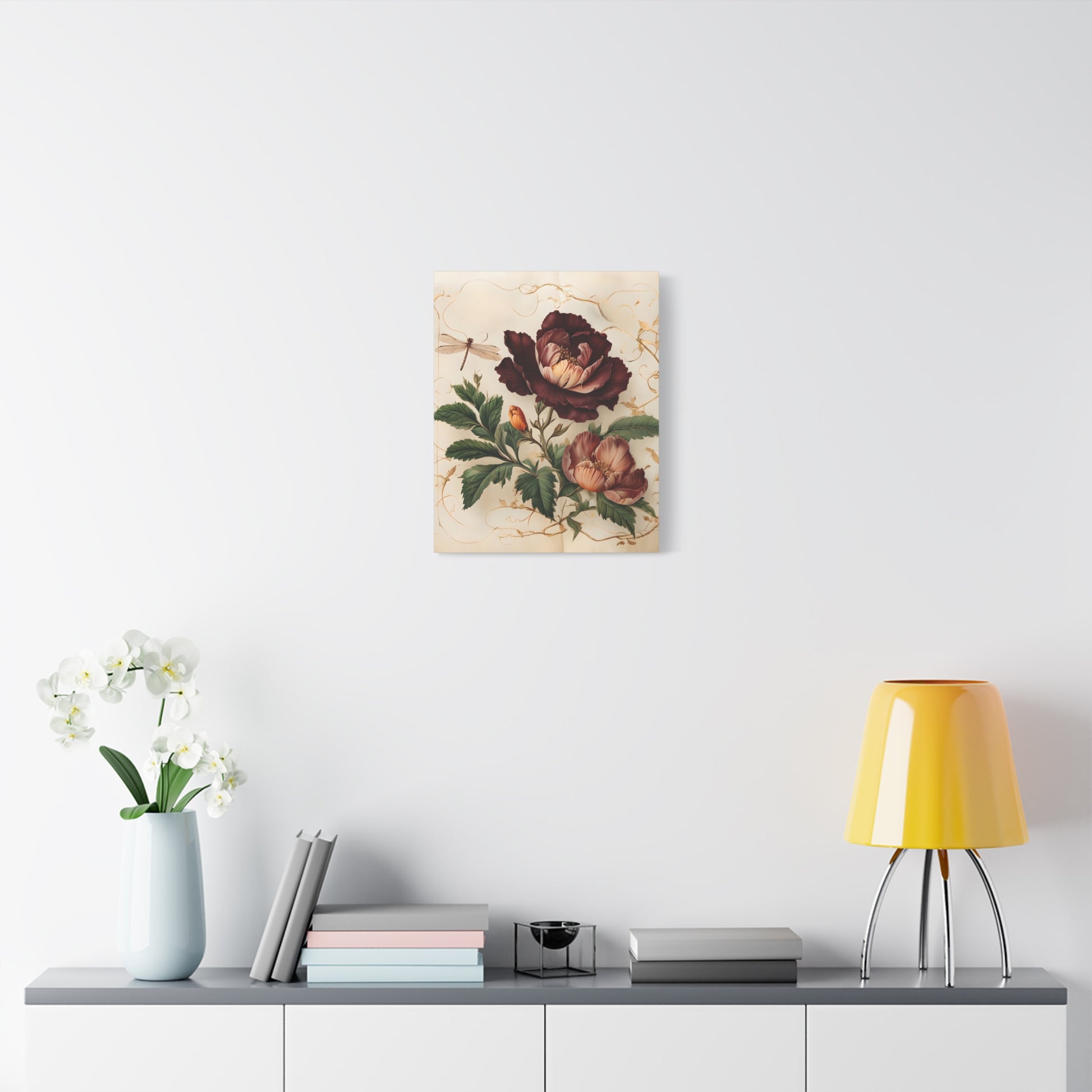 Vintage Burgundy Rose wall art canvas displayed above a modern white console table in a bright living room