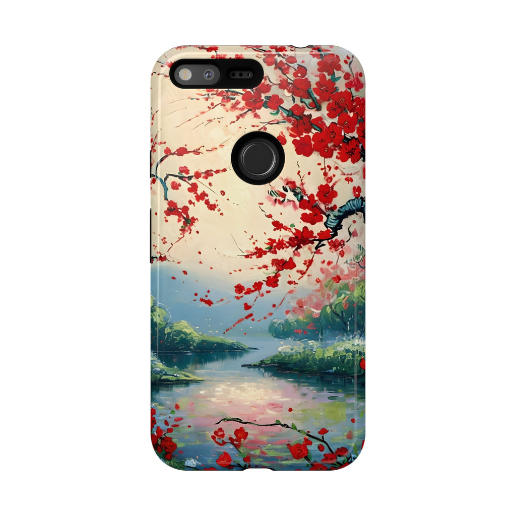 Crimson Blossom Lake - Artistic Floral Landscape Google Pixel XL Tough Phone Case - Red Cherry Blossoms & Serene Lake Design