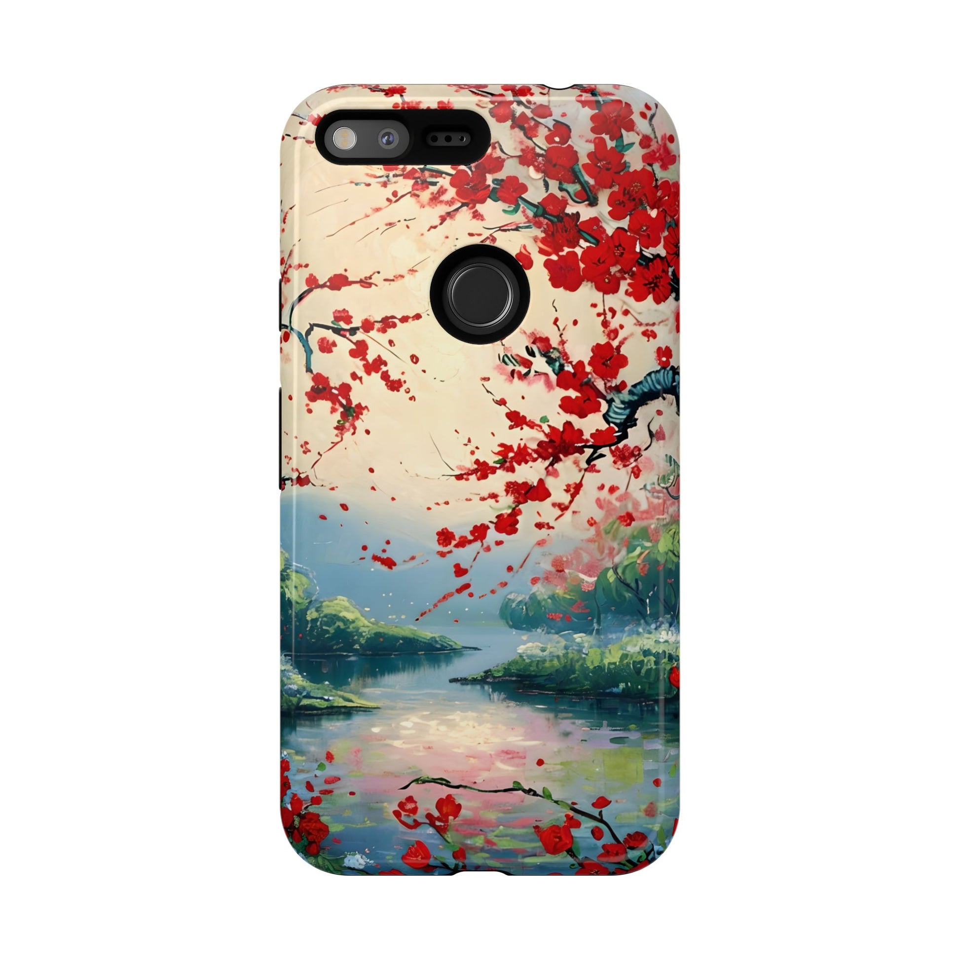 Crimson Blossom Lake - Artistic Floral Landscape Google Pixel XL Tough Phone Case - Red Cherry Blossoms & Serene Lake Design
