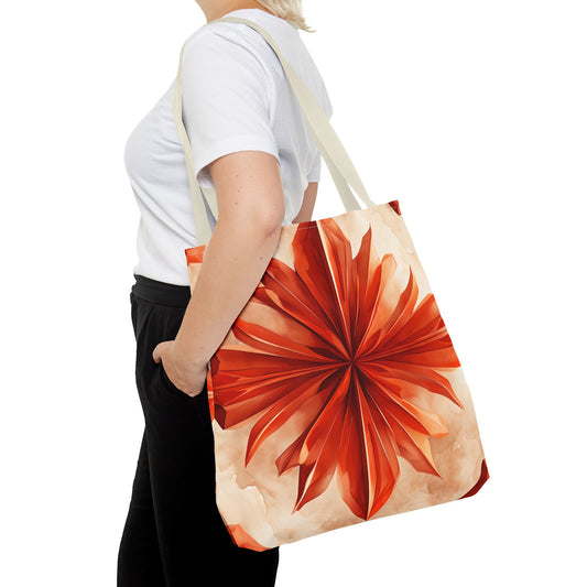 Sunset Fleur Tote Bag (16x16 & 18x18)- Radiant Orange-Red Floral Mandala on Cream Canvas, Reusable & Eco-Friendly