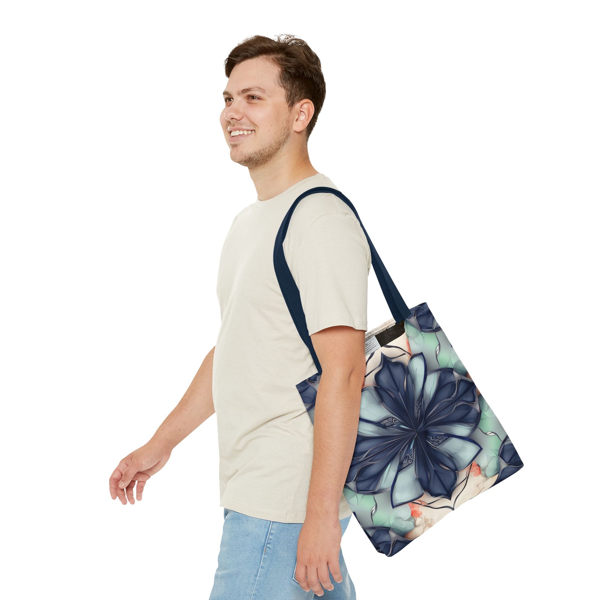 Midnight Mosaic Canvas Tote Bag (16x16 & 18x18)- Premium Navy Handle Designer Tote, Artistic Eco-Friendly Shopping Bag