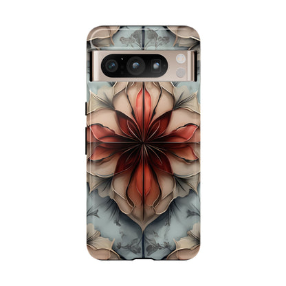 Ember Bloom - Kaleidoscope Collection Artistic Floral - Google Pixel Tough Phone Case - Fiery Symmetrical Design