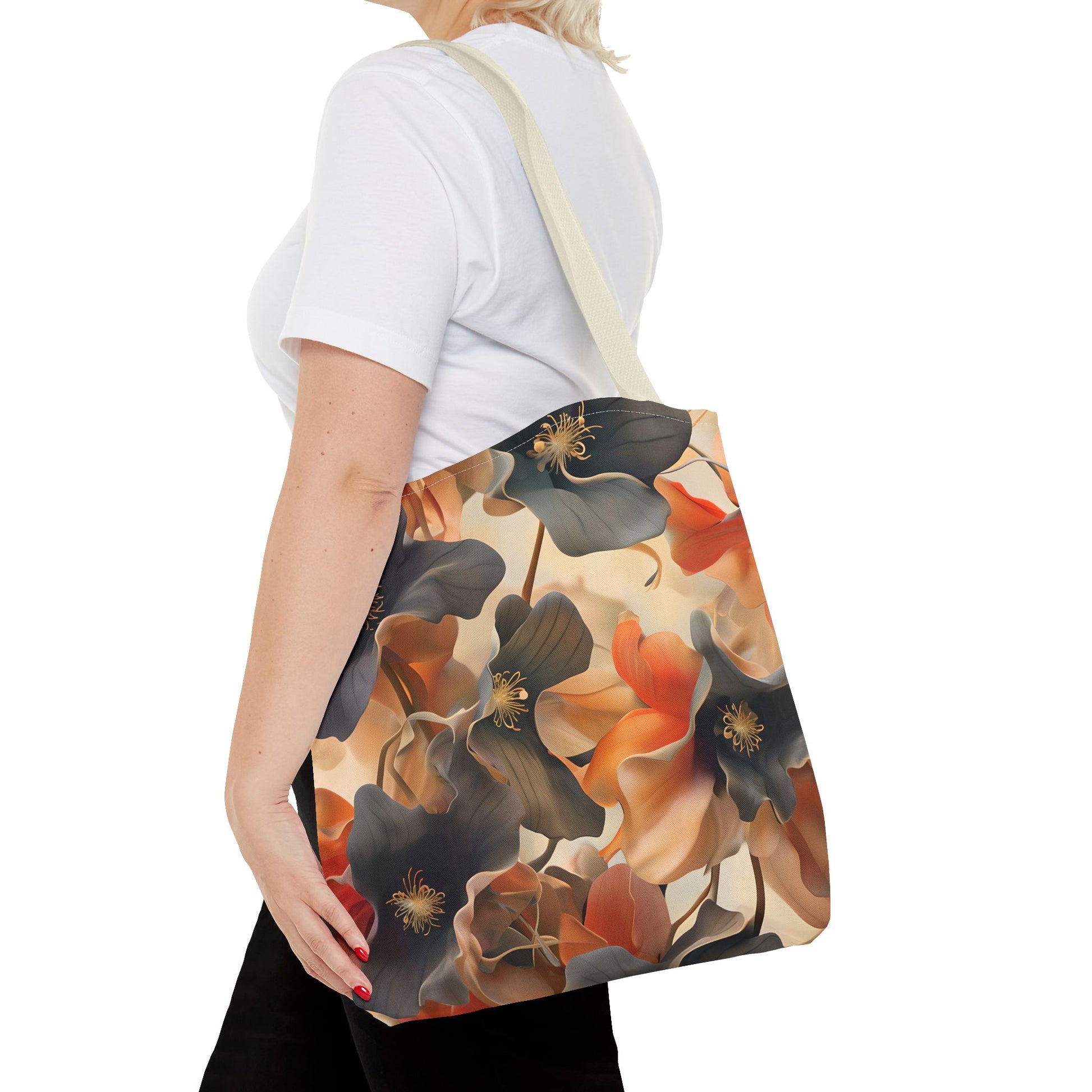 Autumn Ember canvas tote bag worn over shoulder displaying rich fall-inspired floral design