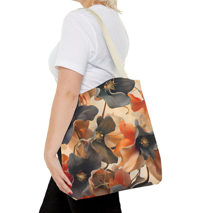 Autumn Ember canvas tote bag worn over shoulder displaying rich fall-inspired floral design