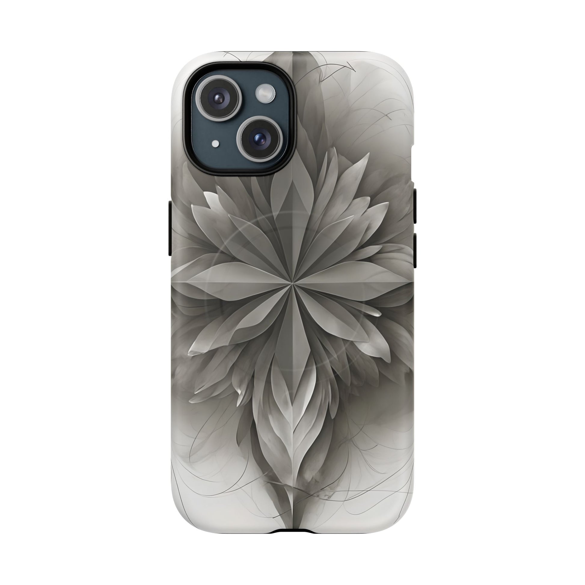 Silver Lotus - Elegant Monochrome Floral iPhone 15 MagSafe Phone Case - Modern Lotus Design