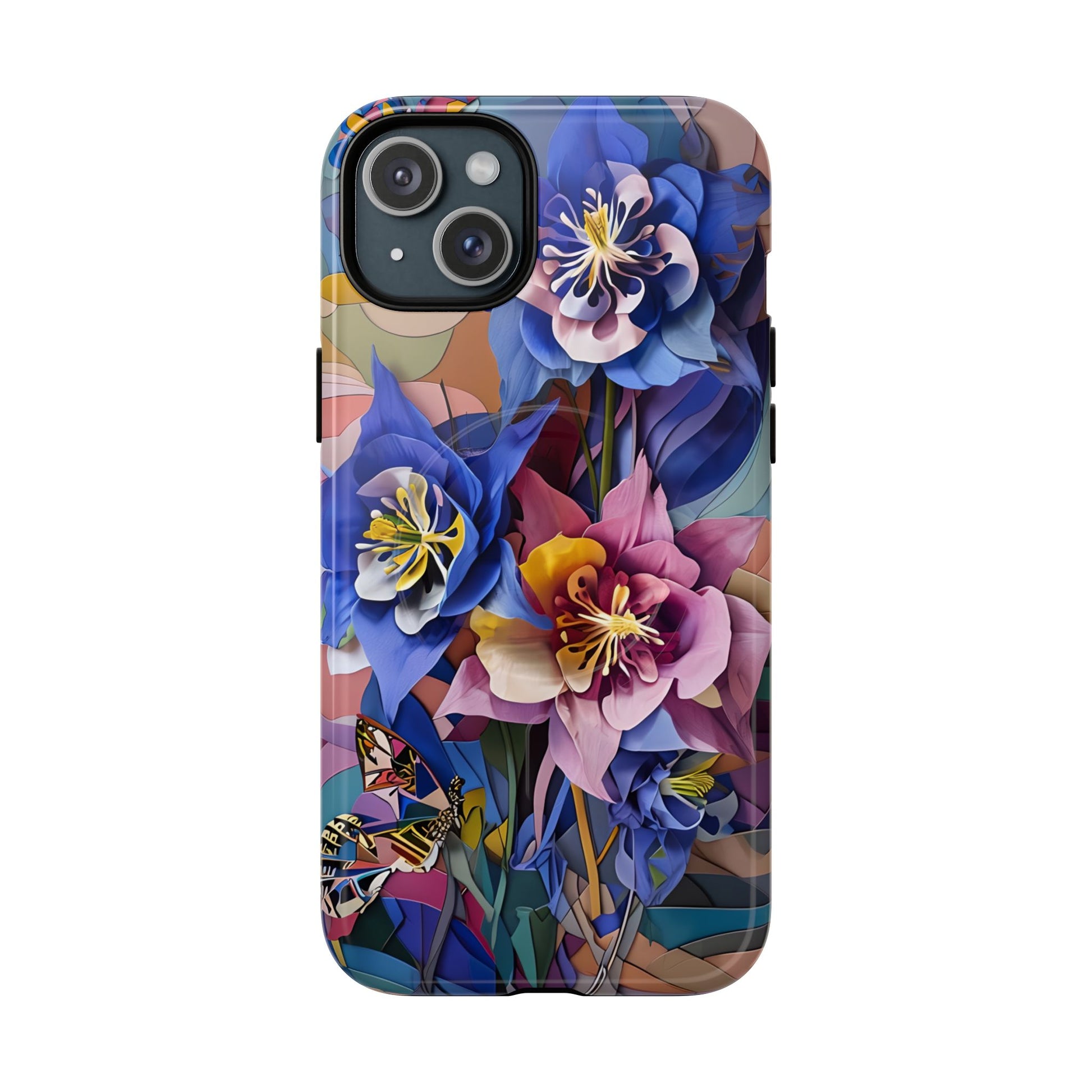 Blue Columbine Carnivale - Artistic Floral & Butterfly iPhone 15 Plus MagSafe Phone Case - Vibrant Botanical Design