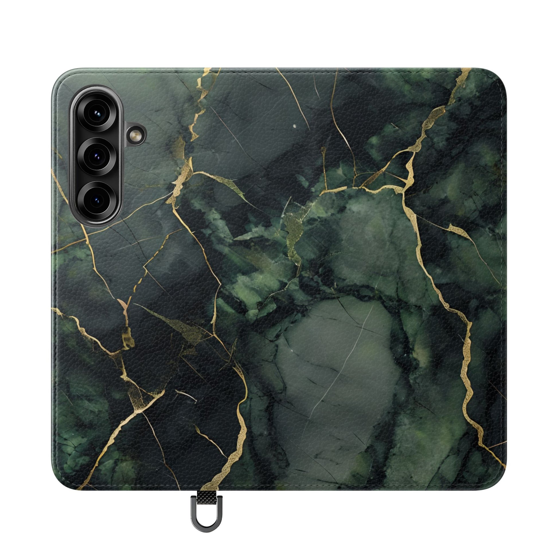 Verdant Vein - Flip Phone Case for Samsung Galaxy S25 - Green and Gold Marble Design